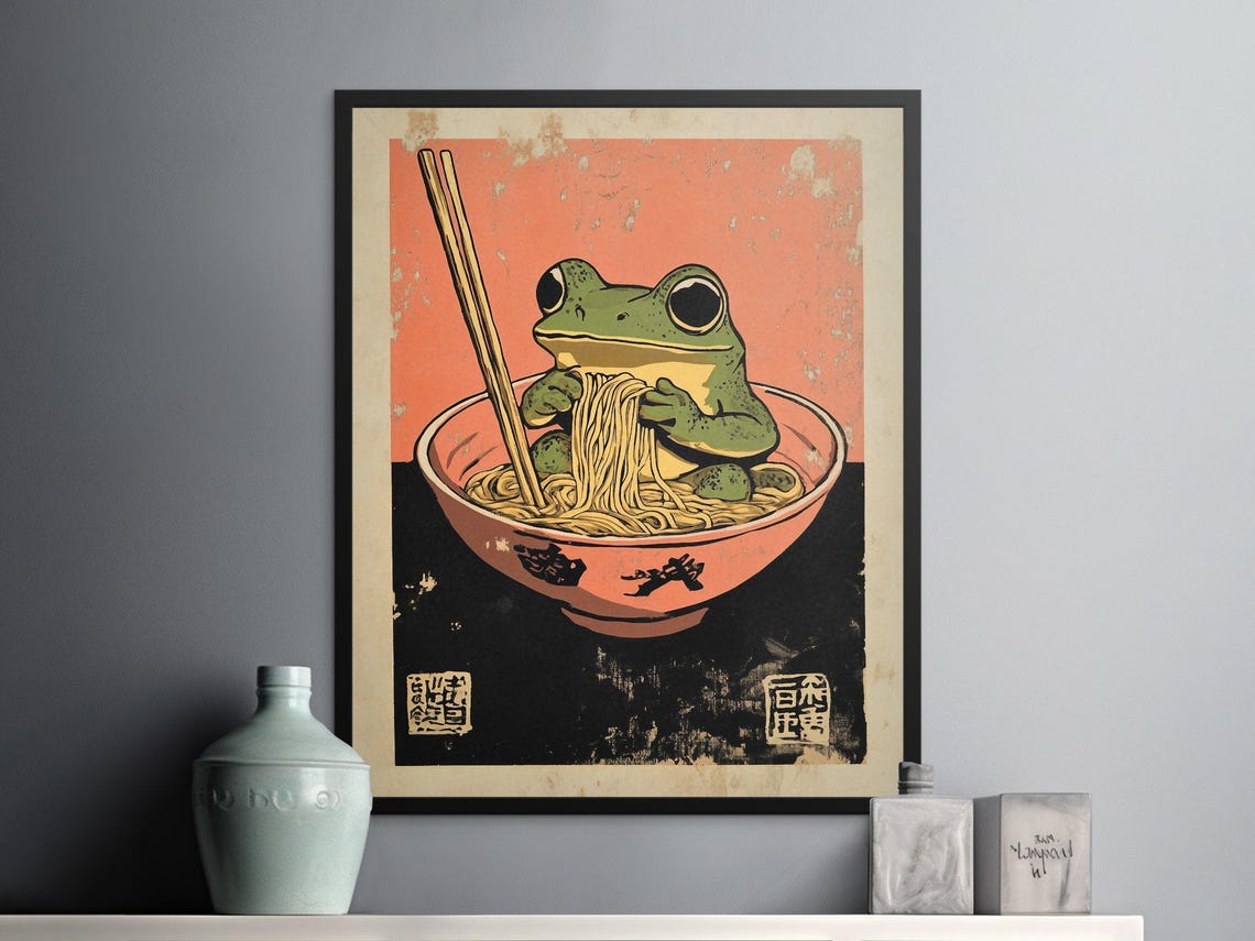 Cute Green Frog Eating Ramen Whimsical Japanese Kitchen Poster