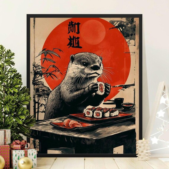 Adorable Otter Eating Sushi Japanese Red Sun Whimsical Wall Art Poster