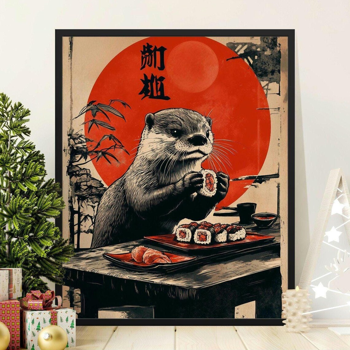 Adorable Otter Eating Sushi Japanese Red Sun Whimsical Wall Art Poster