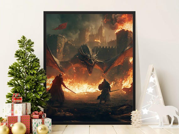Epic Dragon Battle Poster Knight Vs Dragon Wall Art Fantasy Castle Battle Artwork Fire Dragon Attack Print Medieval Camvas Art