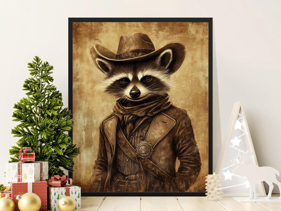 Raccoon In Cowboy Hat Sepia Vintage Western Animal Portrait Poster