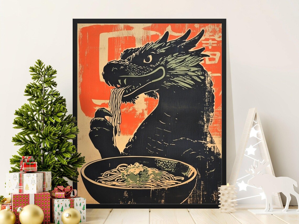 Black Dragon Eating Noodles Vintage Japanese Ramen Woodcut Art Poster