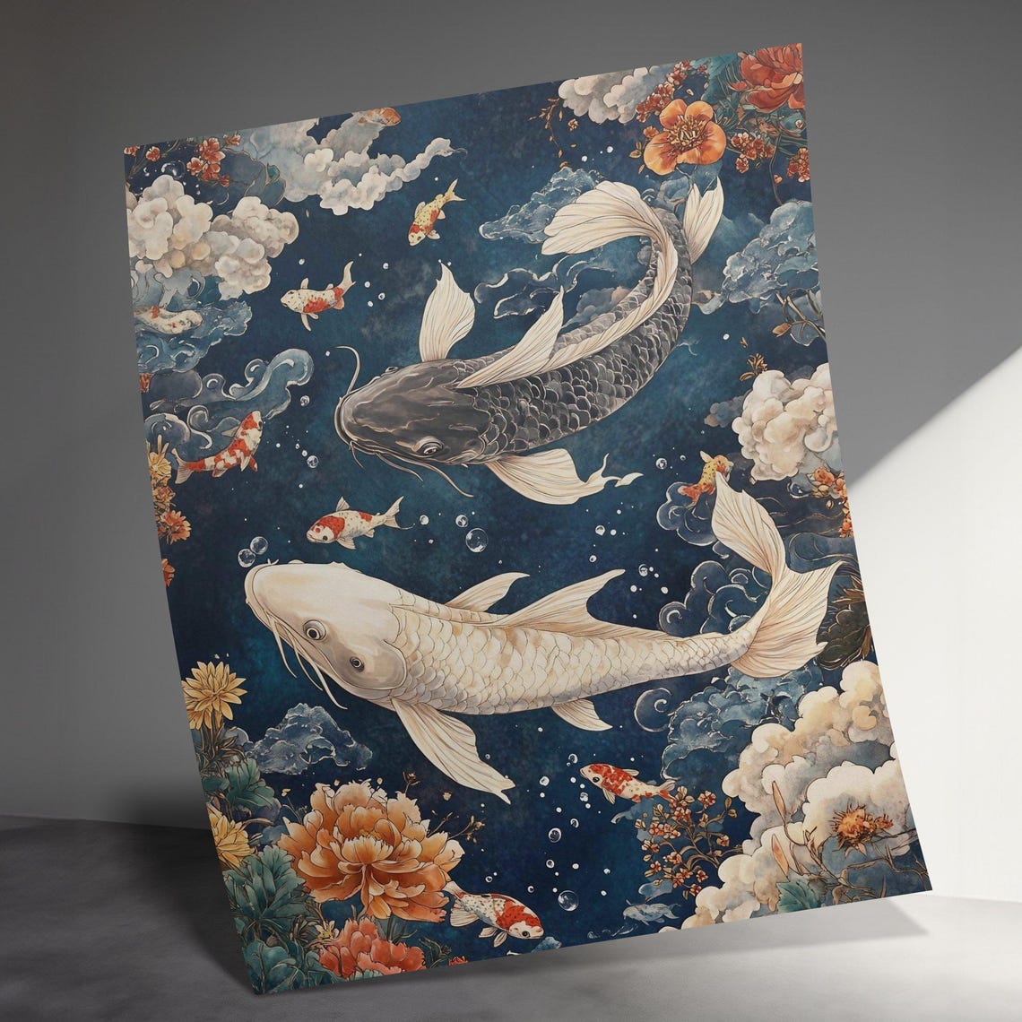 Koi Fish Clouds Peonies Serene Japanese Watercolor Zen Art Poster - Image 3