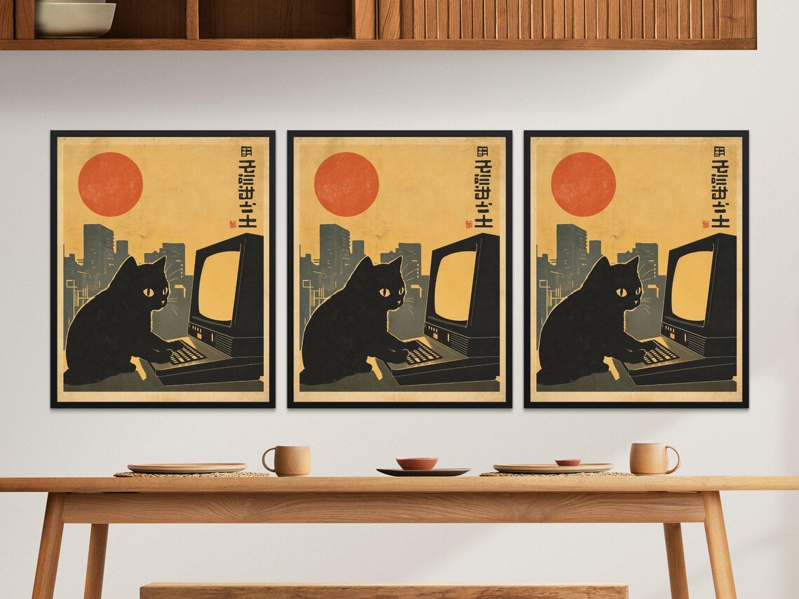 Retro Black Cat At Computer City Skyline Red Sun Vintage Tech Art Poster - Image 2