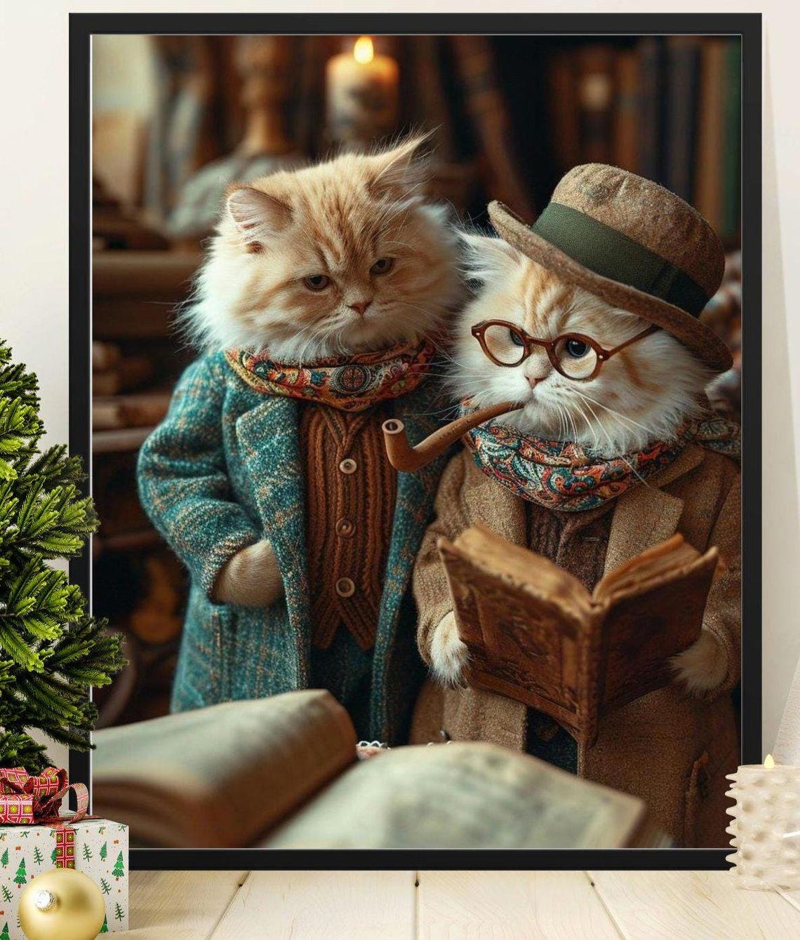 Two Gentleman Cats Library Pipe Book Vintage Feline Charm Poster