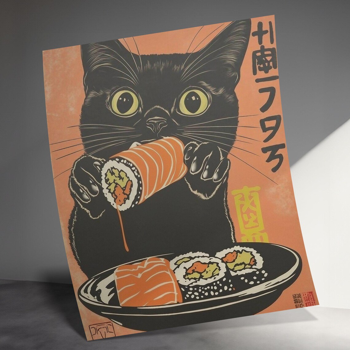Black Cat Munching Salmon Sushi Roll Retro Orange Japanese Art Poster - Image 3
