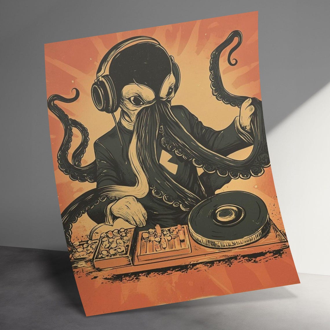 Octopus DJ With Headphones At Turntables Retro Music Party Poster - Image 3