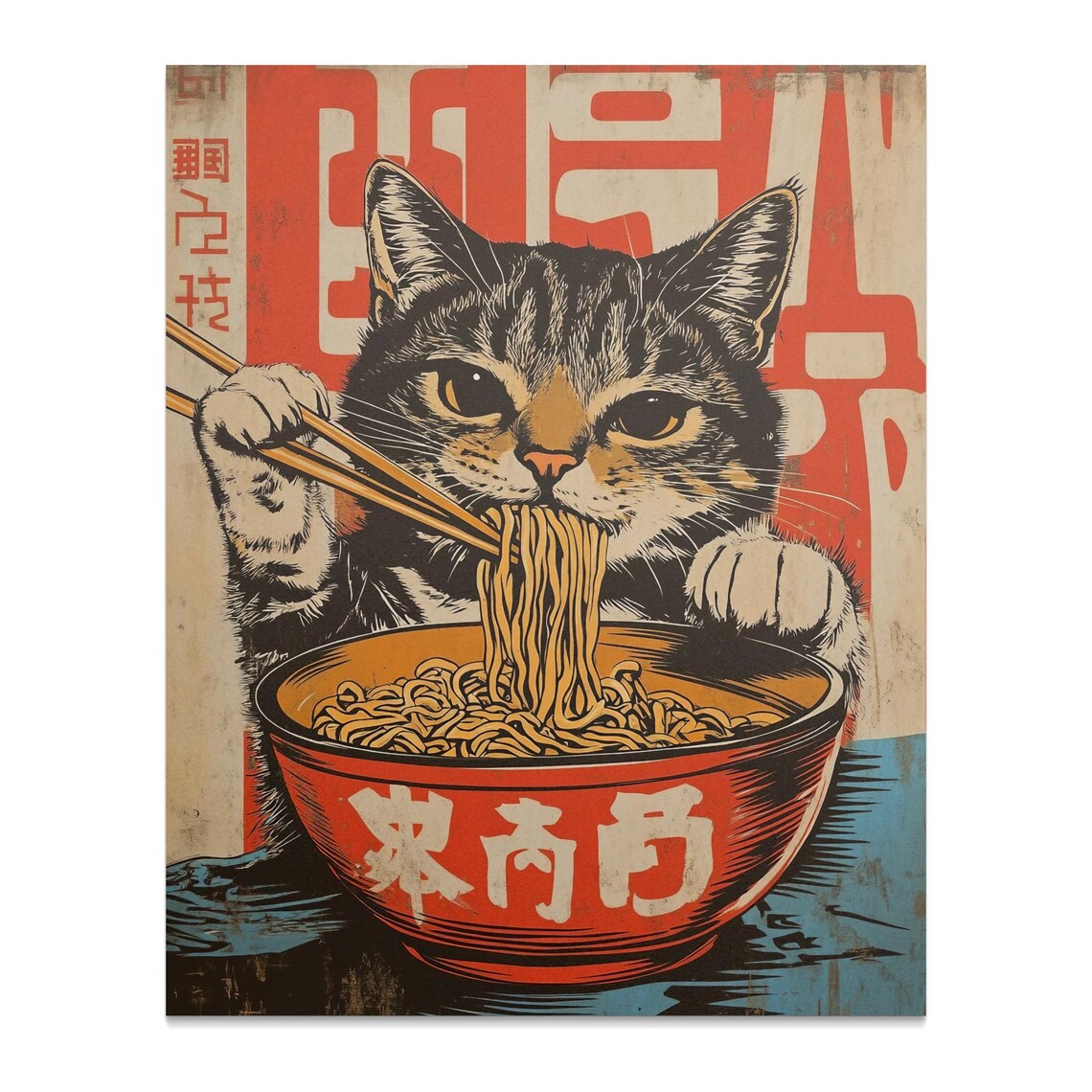 Vintage Cat Eating Noodles, Retro Kitchen Art Print - Image 2
