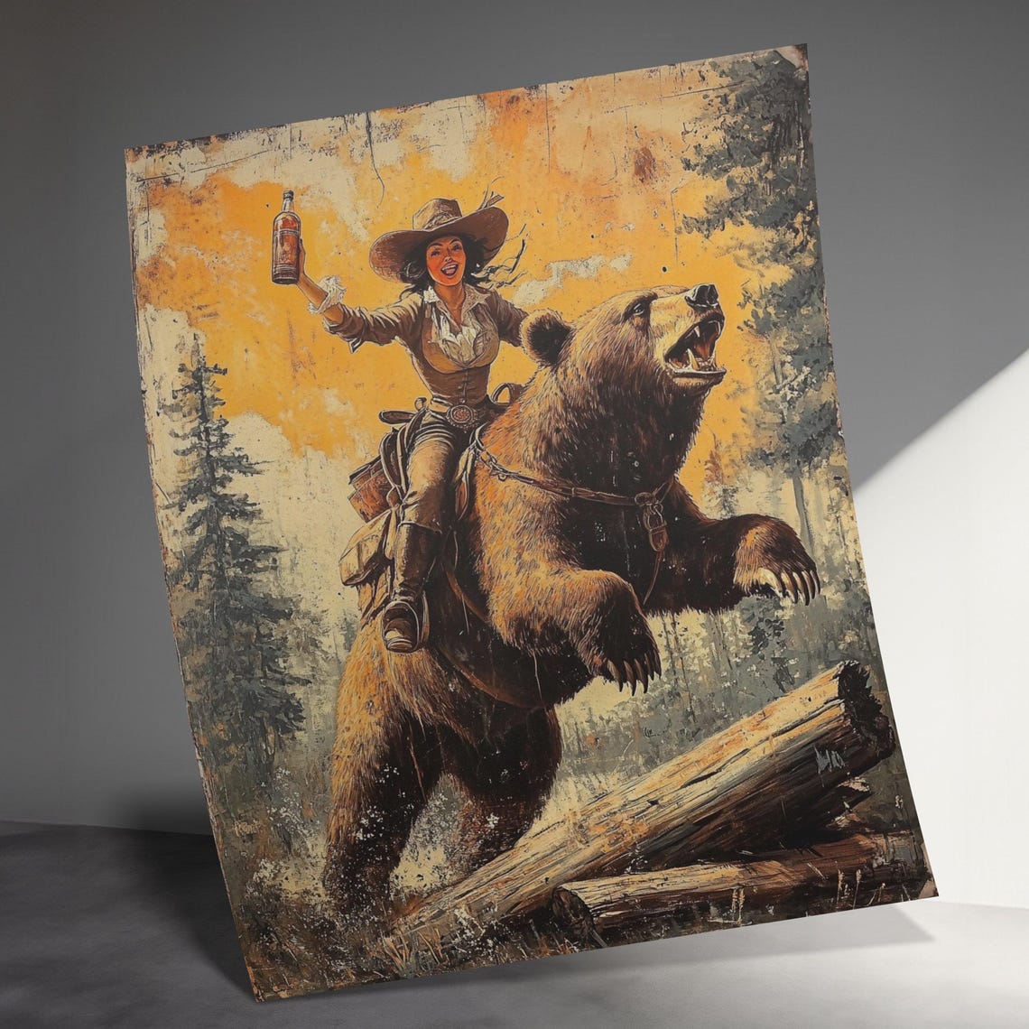 Cowgirl Riding Brown Bear Through River Vintage Western Art Poster - Image 3