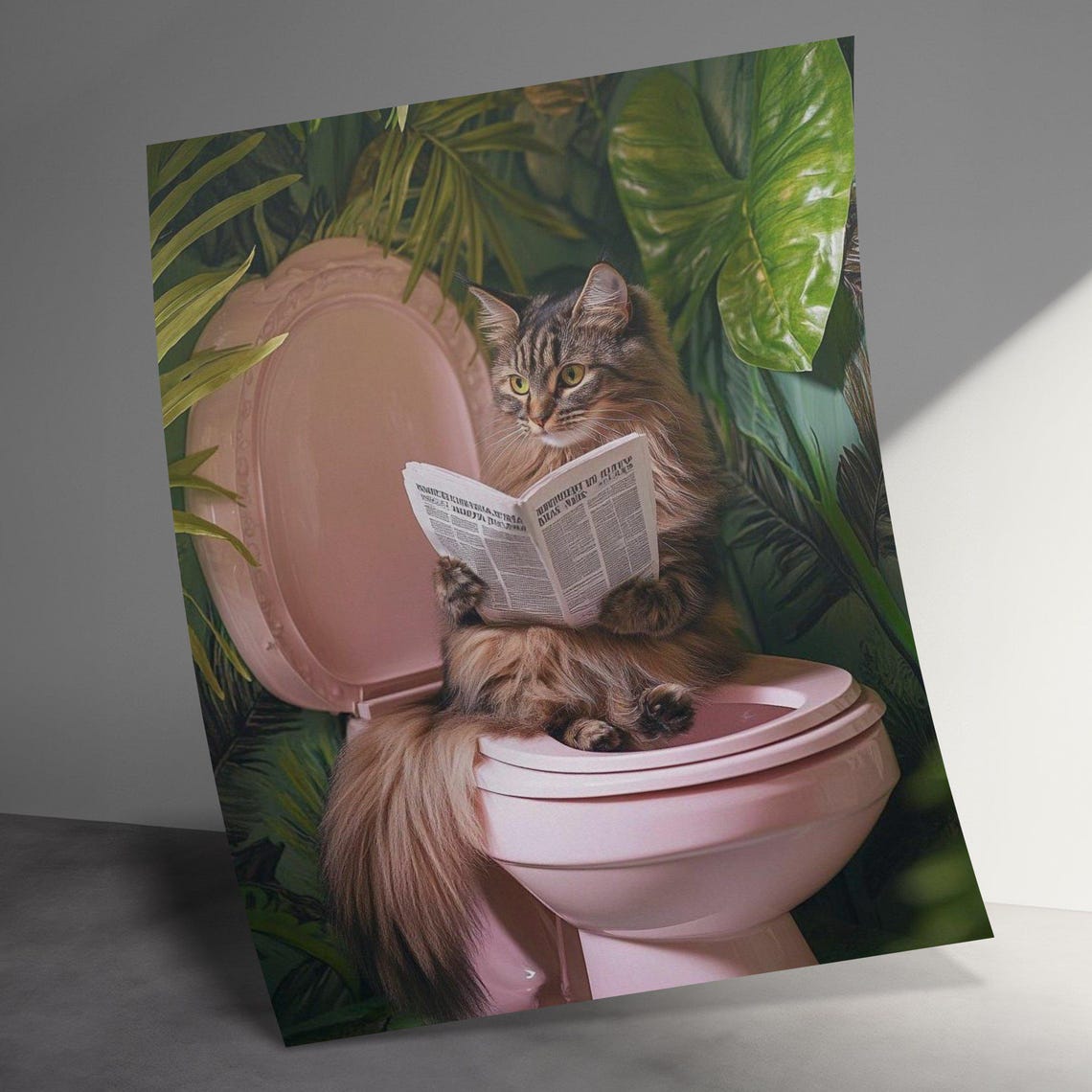 Long Haired Cat Reading Newspaper On Pink Toilet Tropical Wall Art - Image 3