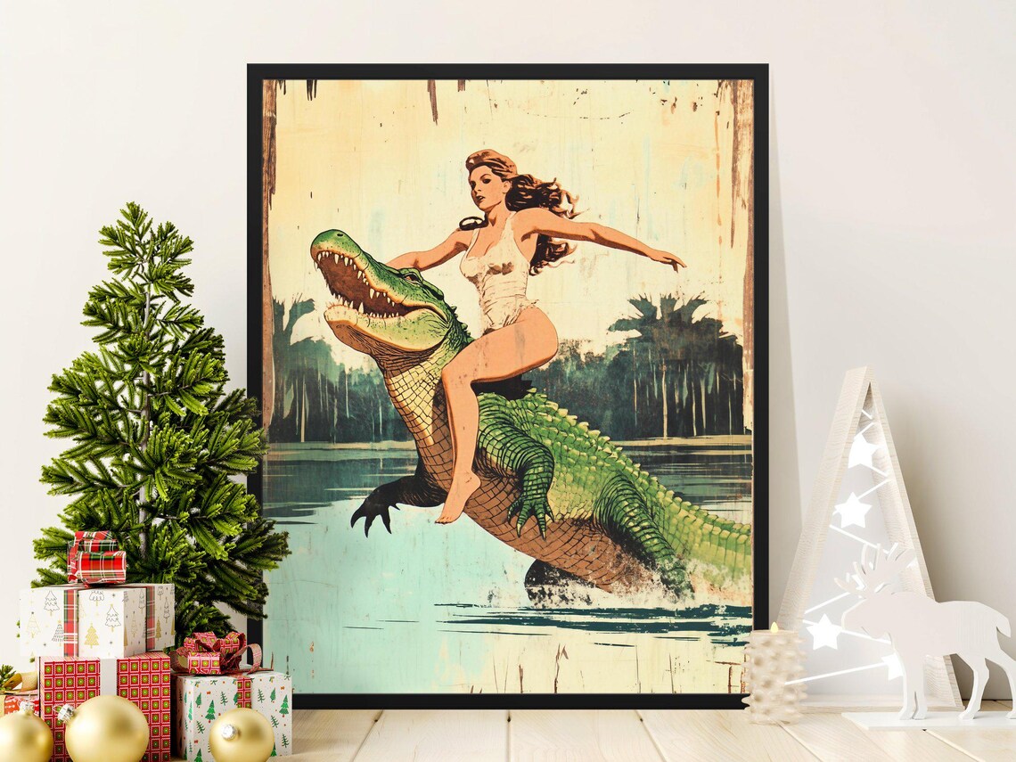 Pin Up Woman Riding Alligator Swamp Retro Pulp Adventure Poster