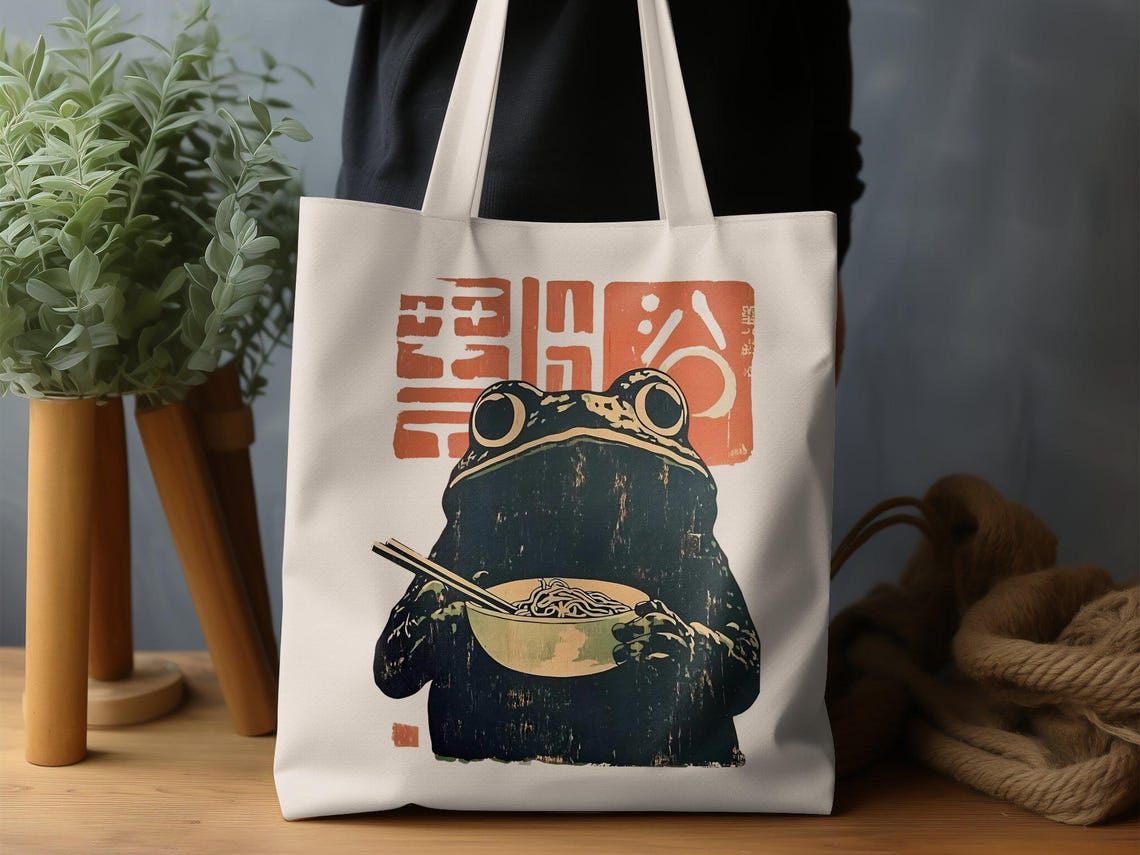 Frog Eating Noodles Japanese Retro Canvas Tote Bag Cute Kitchen Gift - Image 2