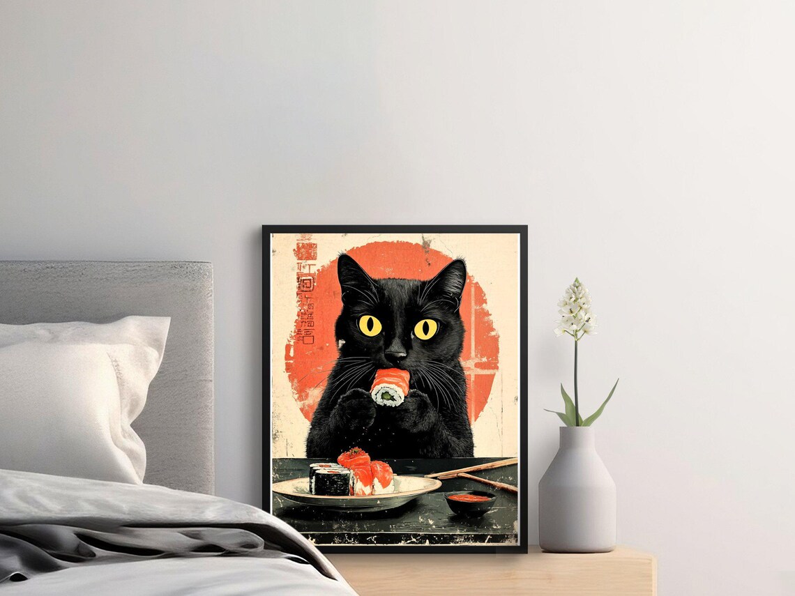 Black Cat Eating Sushi Roll Before Red Sun Retro Japanese Kitchen Art Poster - Image 2