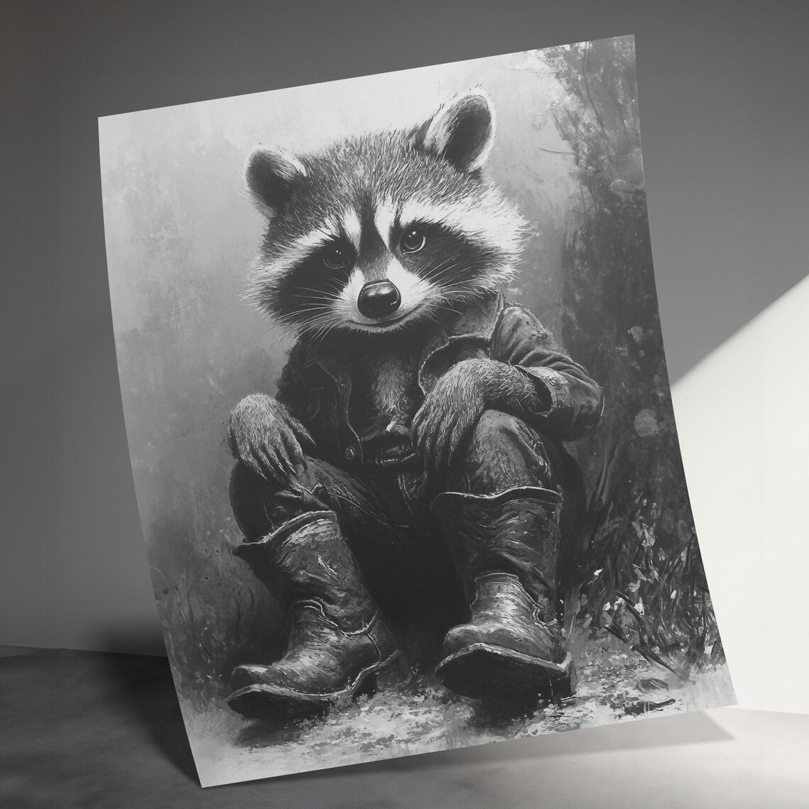 Raccoon In Cowboy Boots Black And White Vintage Monochrome Wildlife Poster - Image 3