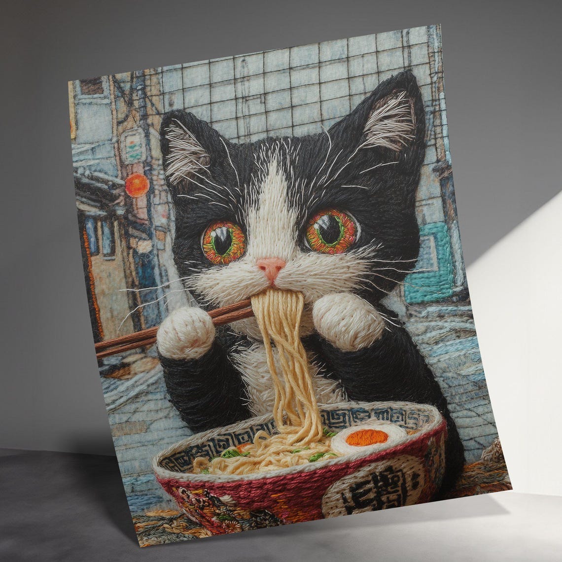 Tuxedo Cat Eating Ramen Embroidery Style Japanese Street Poster - Image 3