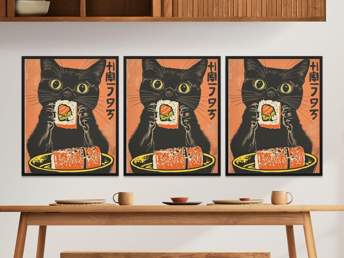 Black Cat Eating Salmon Sushi Roll Japanese Kitchen Art Poster - Image 2