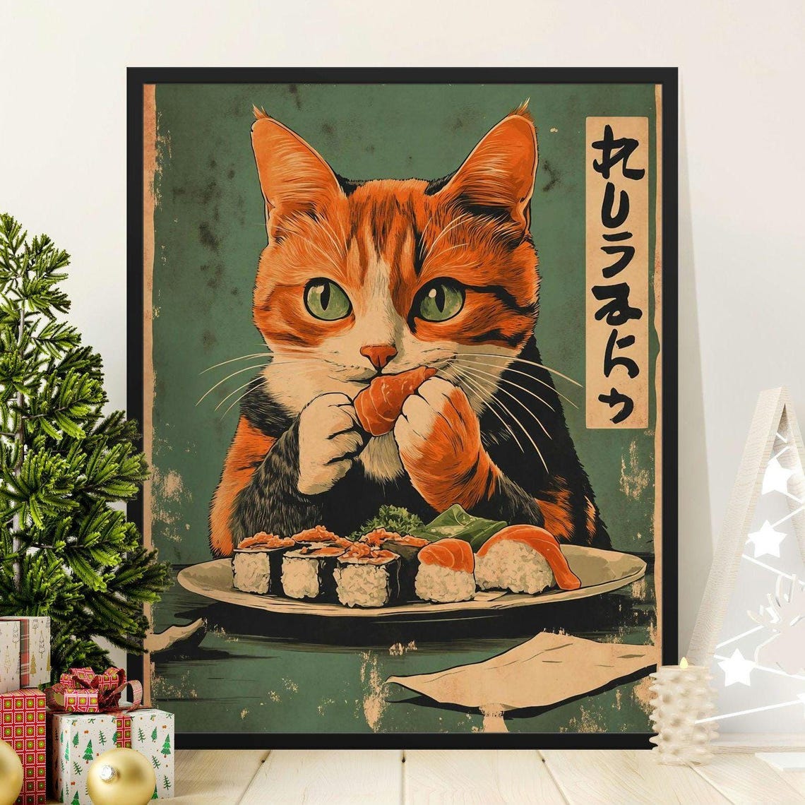 Orange Tabby Cat Eating Sushi Vintage Japanese Kitchen Wall Art Poster