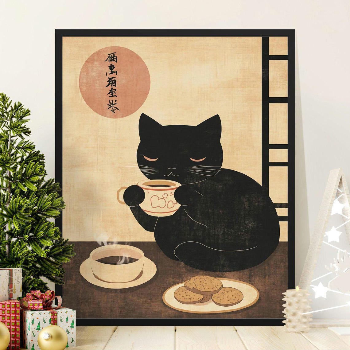 Black Cat Drinking Tea Japanese Minimalist Vintage Kitchen Wall Poster