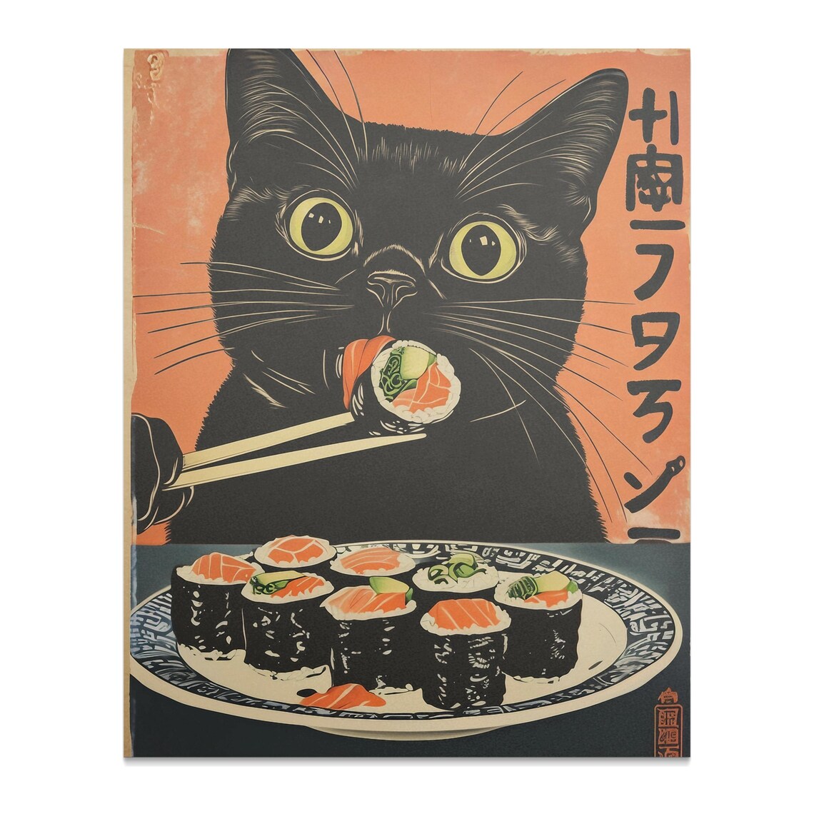 Black Cat Eating Sushi With Chopsticks Japanese Foodie Art Poster - Image 2