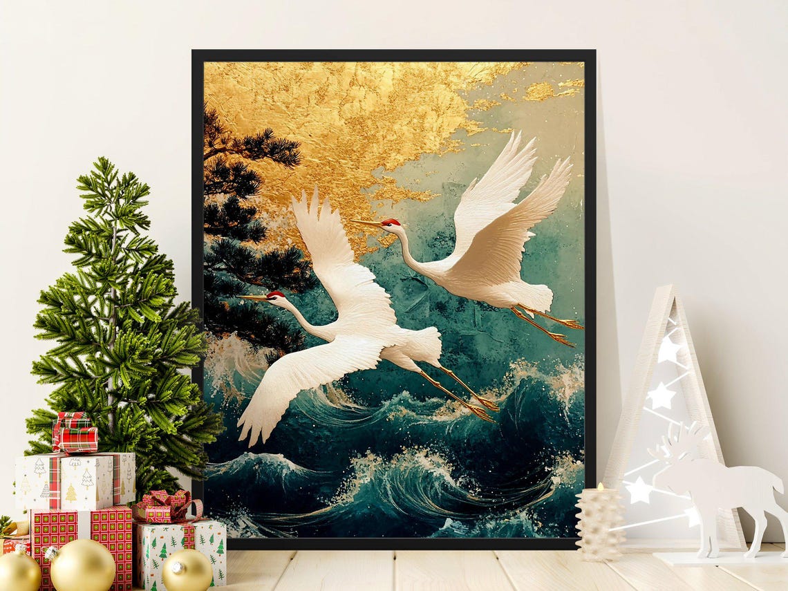 White Cranes Flying Over Waves Gold Leaf Japanese Style Poster