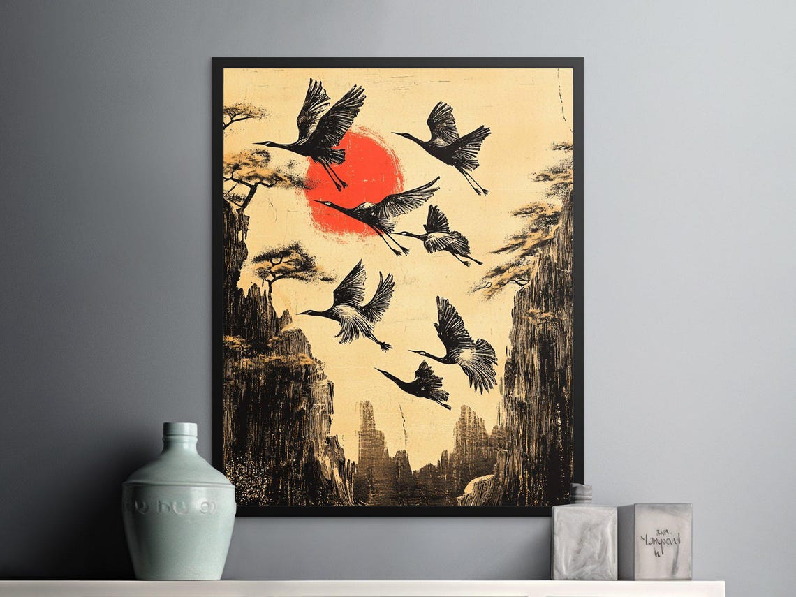 Cranes Flying Over Red Sun Cliffs Japanese Ink Landscape Poster