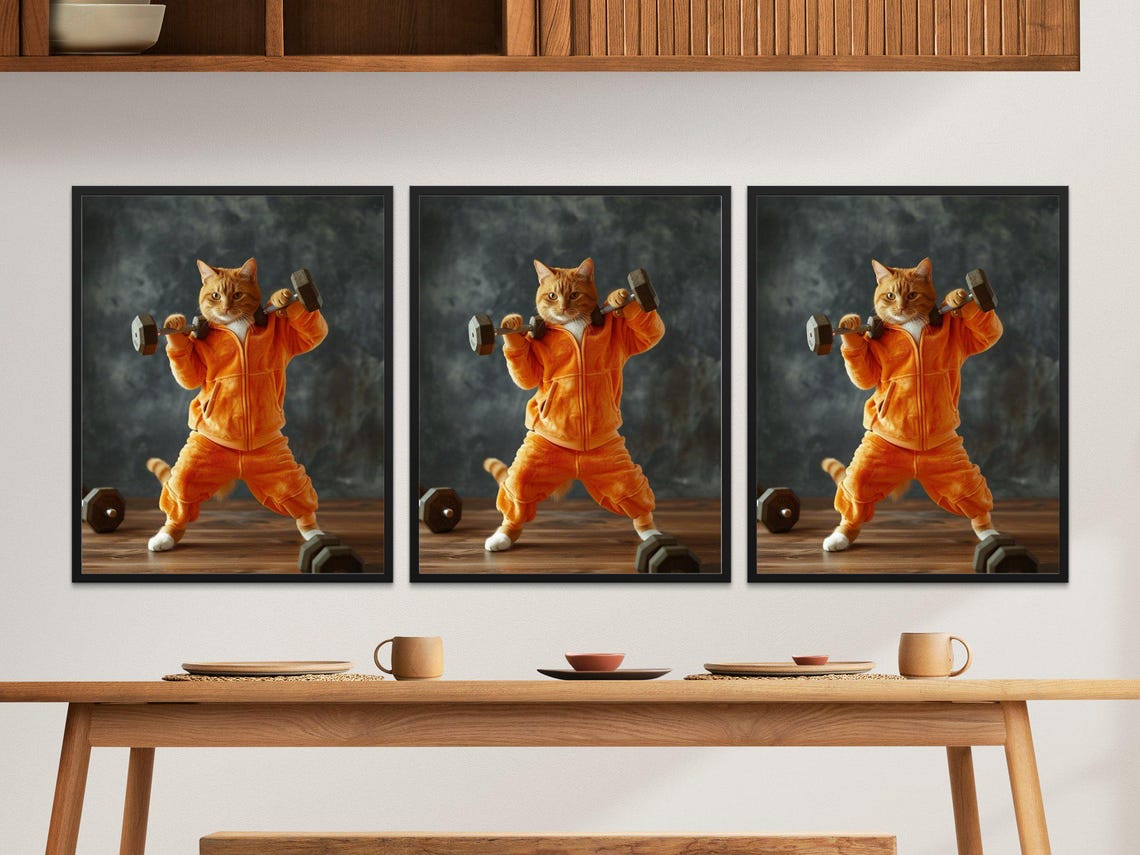 Orange Cat Lifting Dumbbells in an Orange Tracksuit Funny Gym Wall Art - Image 2