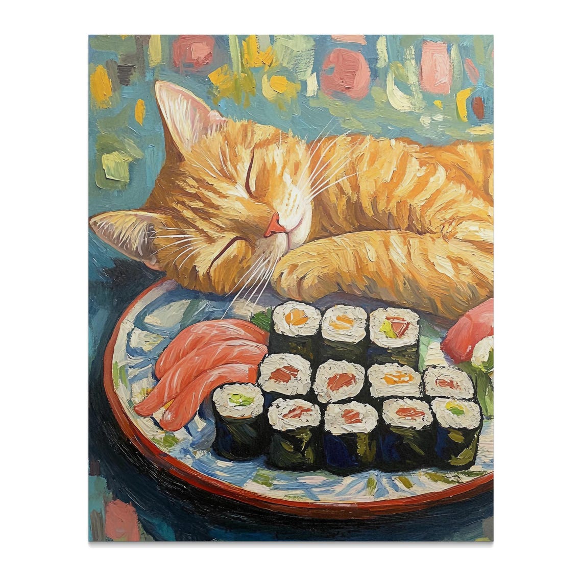 Ginger Cat Sleeping Next To Sushi Platter Oil Painting Style Poster - Image 2