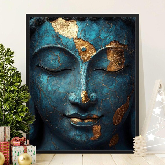 Blue And Gold Buddha Face Kintsugi Cracks Serene Zen Meditation Wall Art