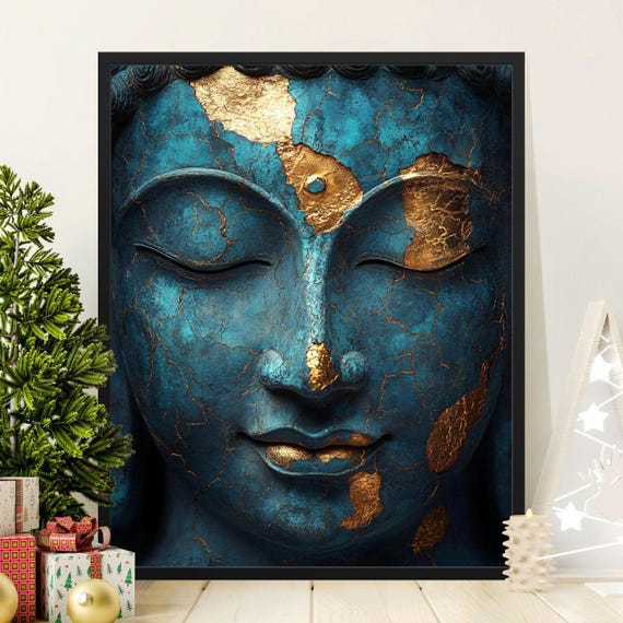 Buddha Face Art Poster Blue Gold Buddha Wall Decor Zen Home Art Meditative Buddha Print Spiritual Wall Art Tranquil Buddha Poster