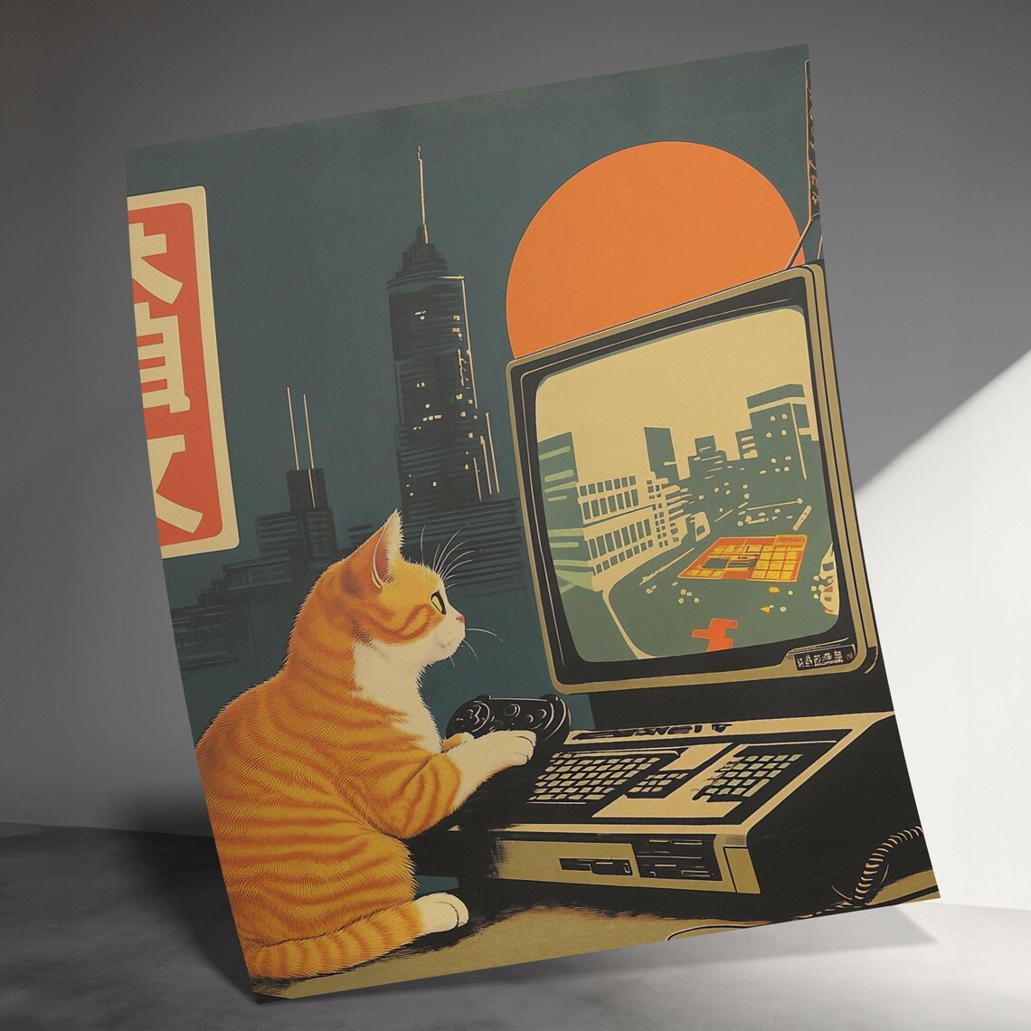 Orange Tabby Cat Playing Retro Video Game City Sunset Gamer Poster - Image 3