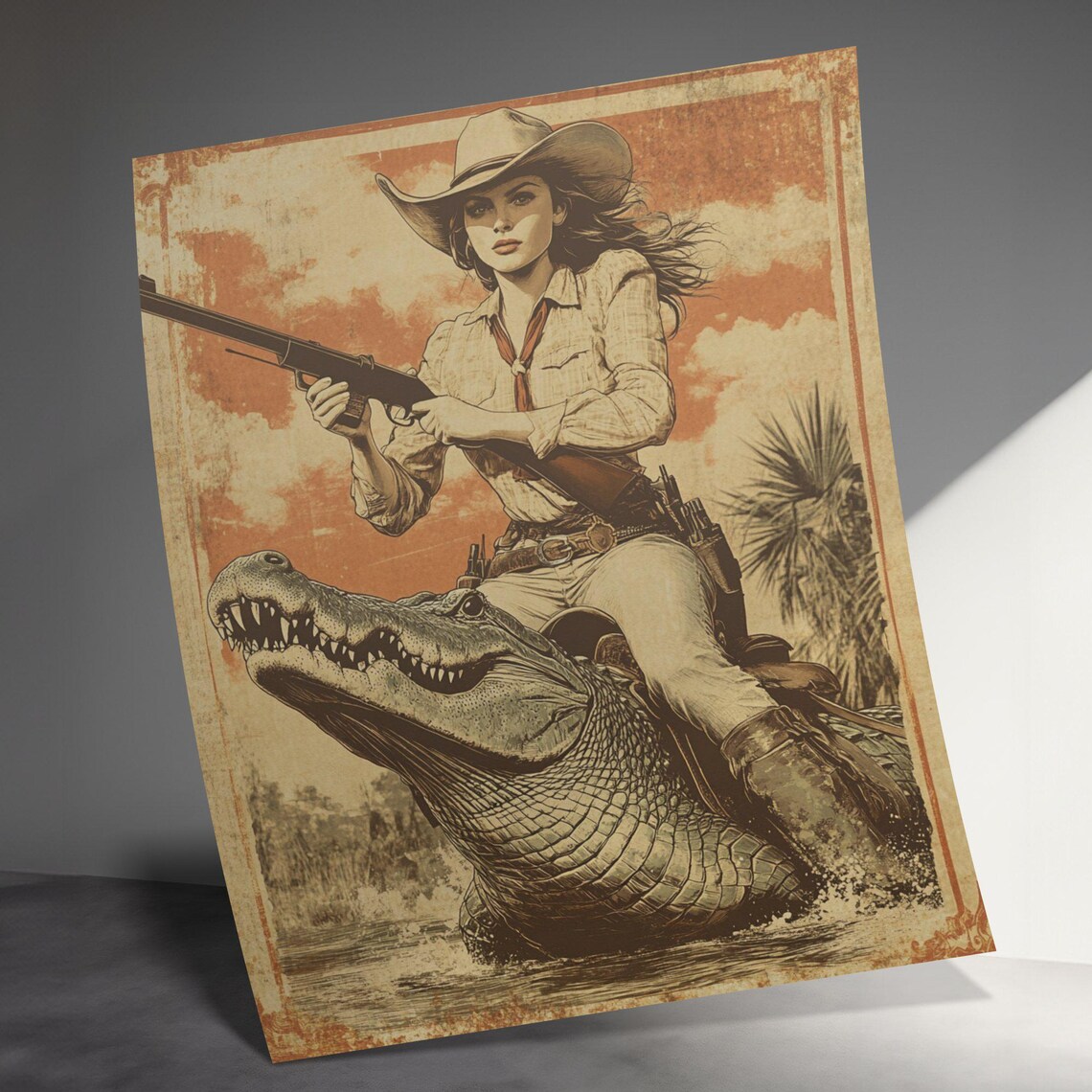 Cowgirl With Rifle Riding Alligator Sepia Western Adventure Poster - Image 3
