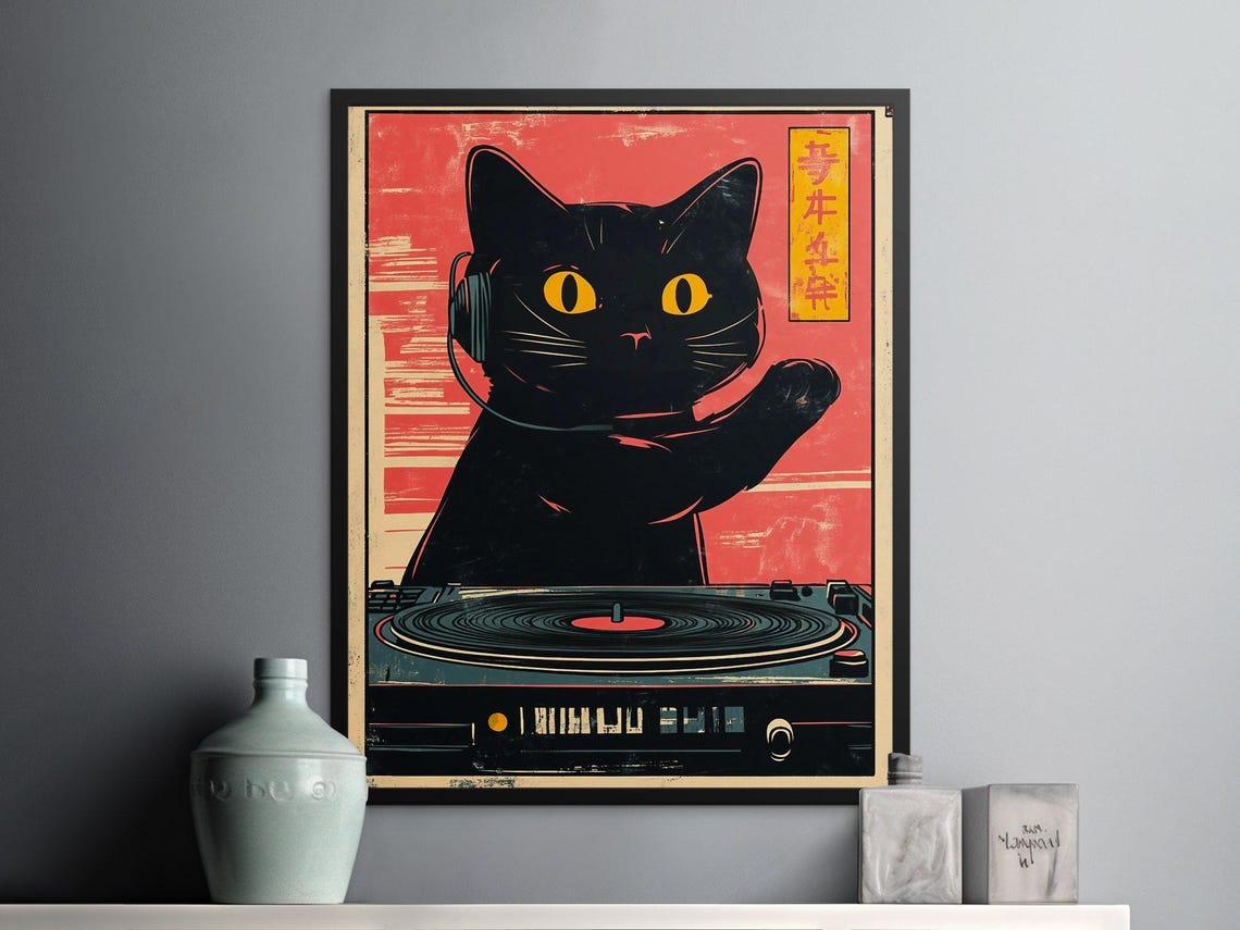 Retro Black Cat DJ Headphones Turntable Japanese Music Poster - Image 2