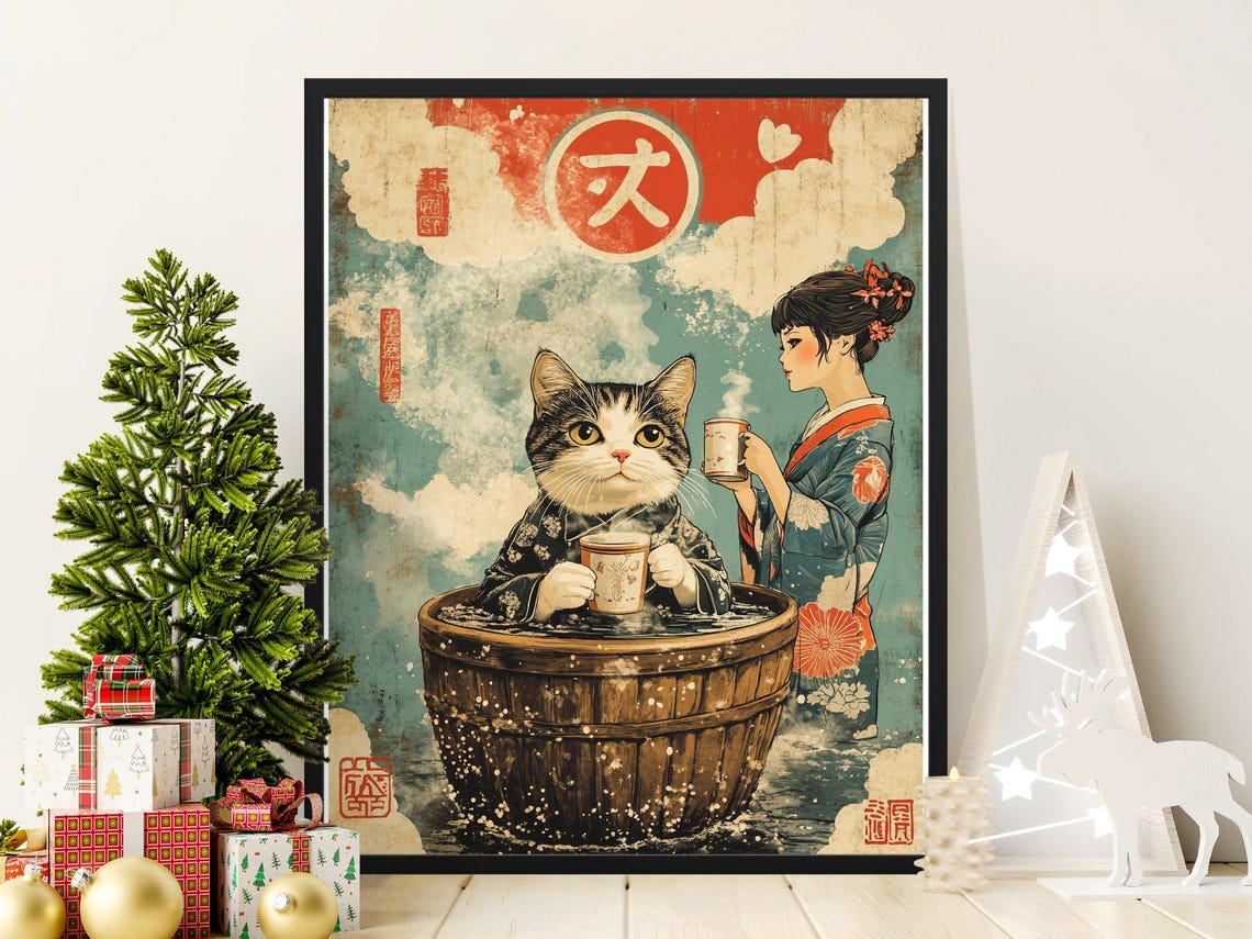 Vintage Japanese Art Poster Cat In Wooden Tub Geisha With Teacup Retro Animal Print Unique Wall Decor Asian Themed Home Art