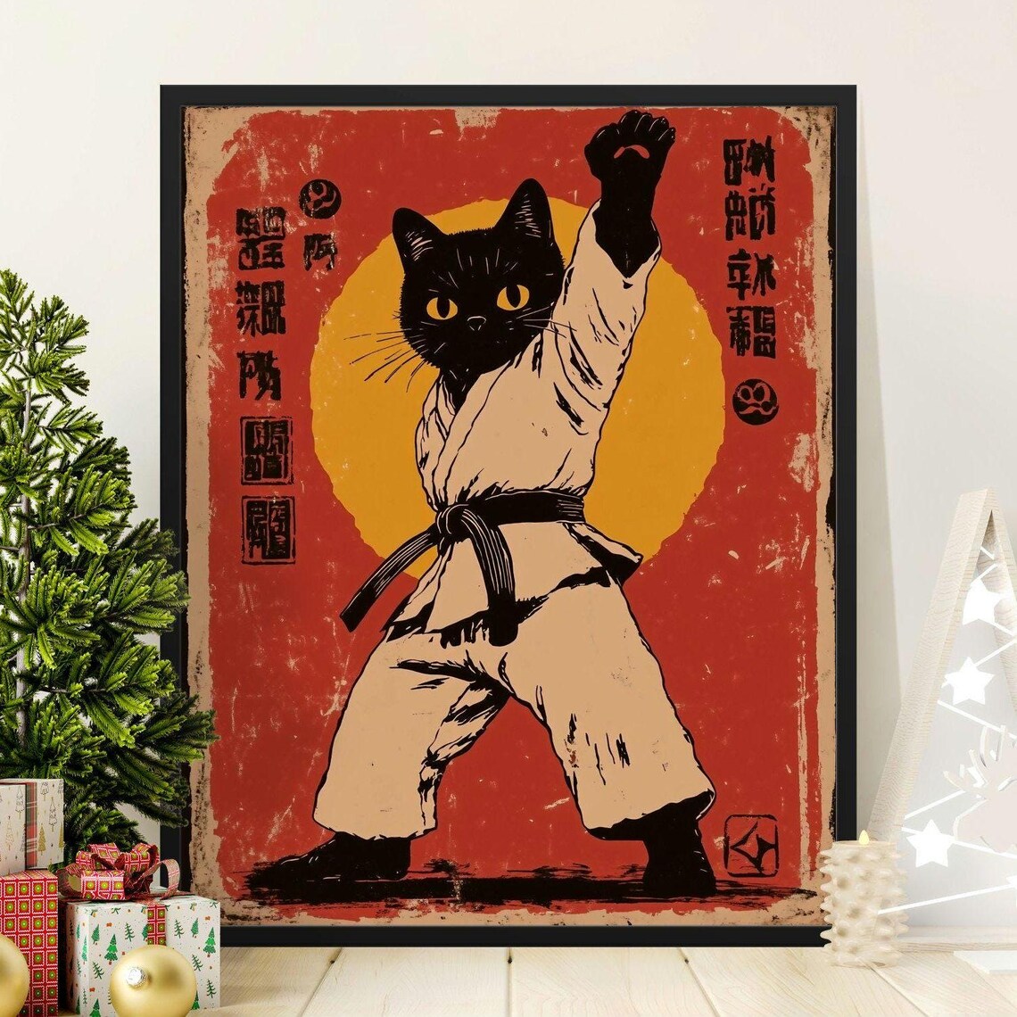 Black Cat Karate Gi Black Belt Punch Retro Japanese Martial Arts Poster