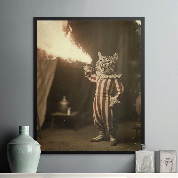 Fire Breathing Circus Cat Sepia Vintage Clown Costume Performer Wall Art