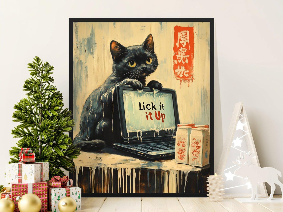 Funny Black Kitten Laptop Lick It Up Retro Japanese Kitchen Art Poster