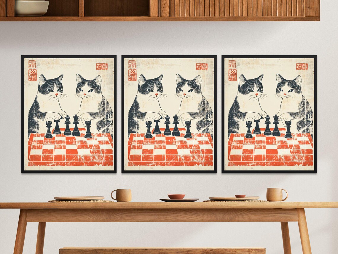 Two Tuxedo Cats Playing Chess Vintage Japanese Strategy Game Poster - Image 2
