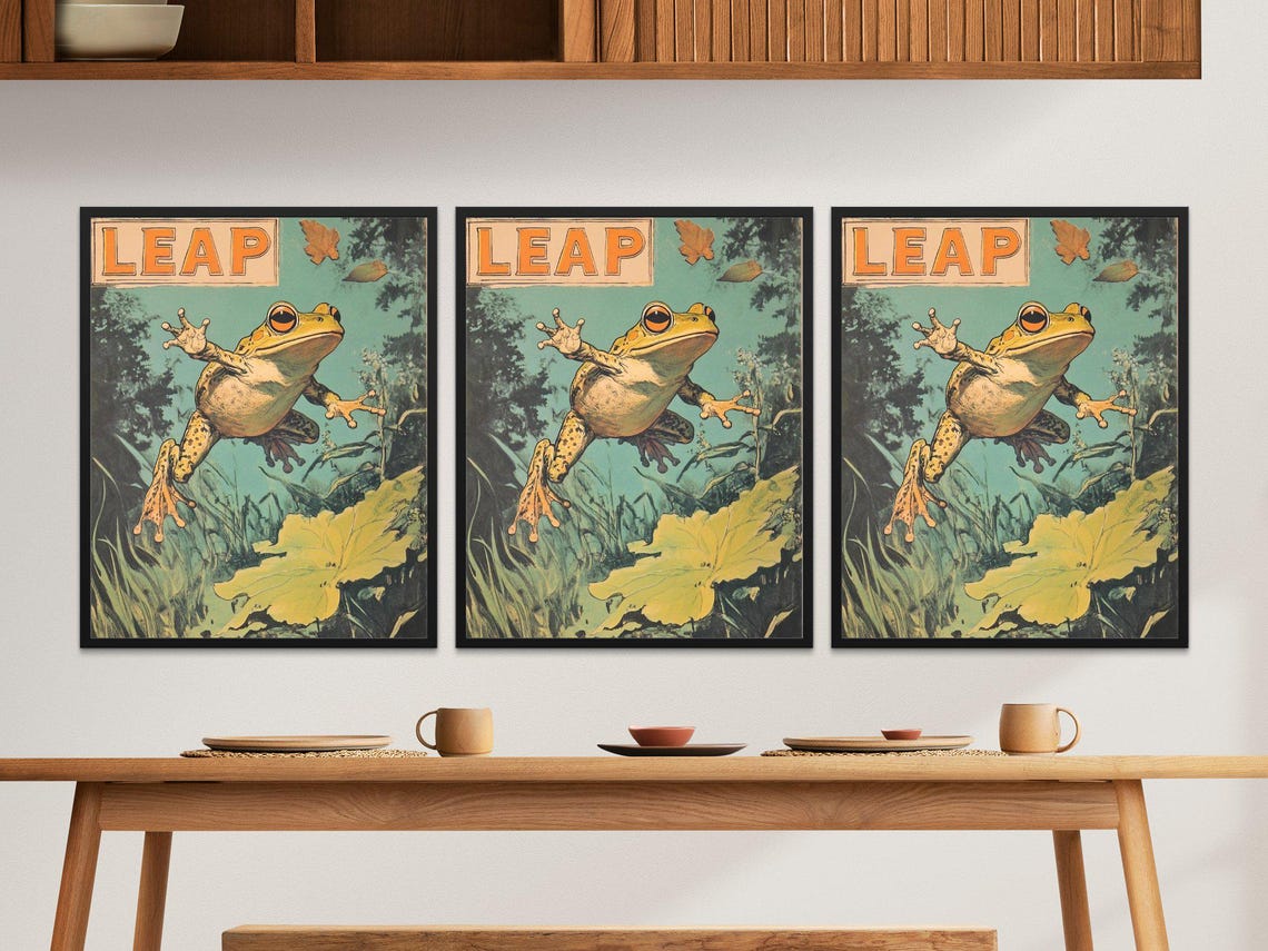 Leap Vintage Frog Jumping Pond Retro Nature Illustration Poster - Image 2