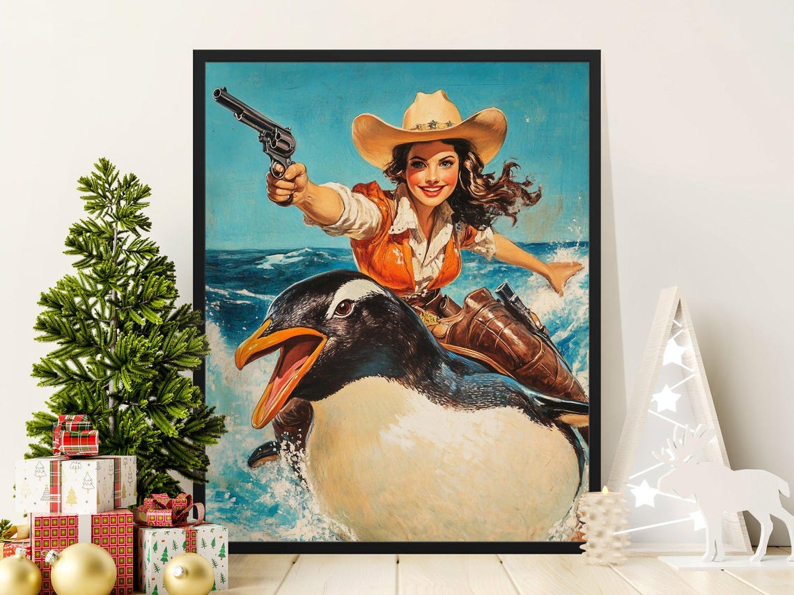Vintage Cowgirl Riding Giant Penguin Ocean Waves Pulp Western Poster
