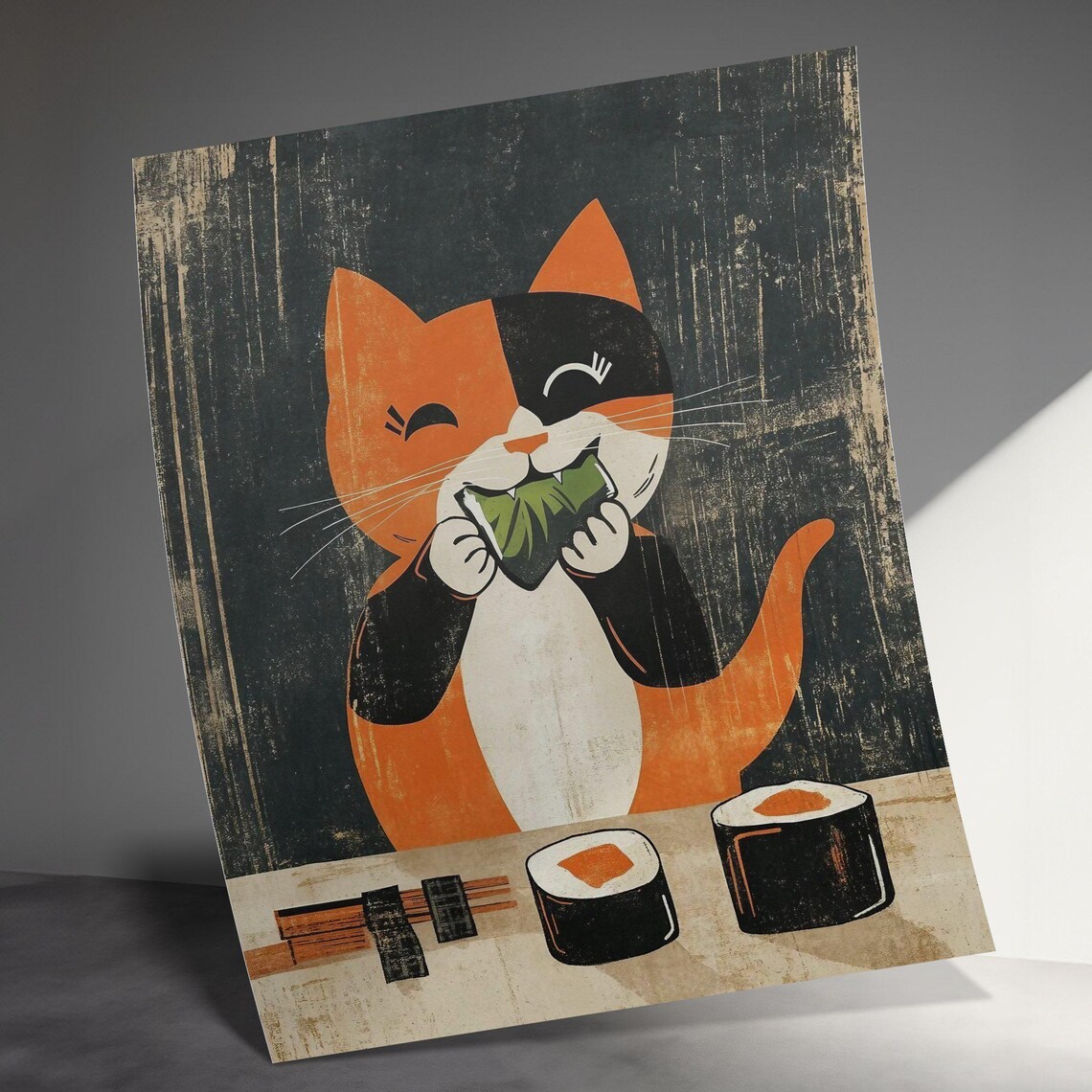 Calico Cat Eating Onigiri Rice Ball Cute Vintage Japanese Food Poster - Image 3
