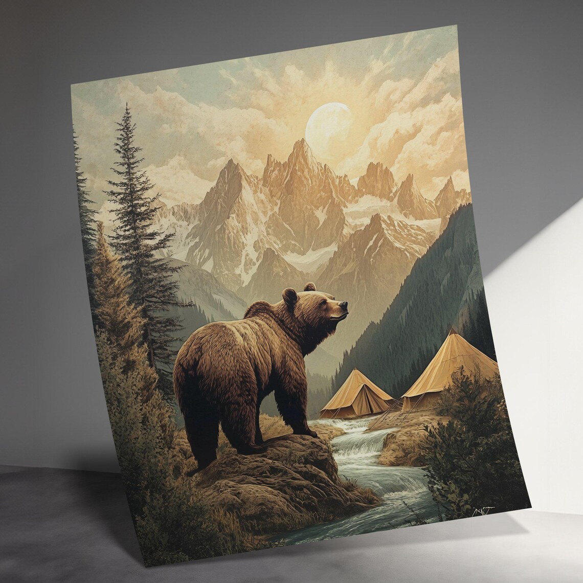 Grizzly Bear Mountain River Campsite Moonlight Vintage Wilderness Poster - Image 3