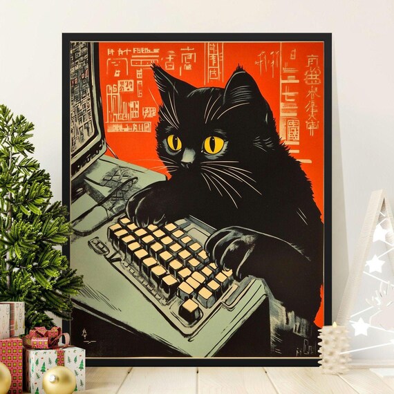 Black Cat Typing On Computer Keyboard Retro Japanese Office Poster
