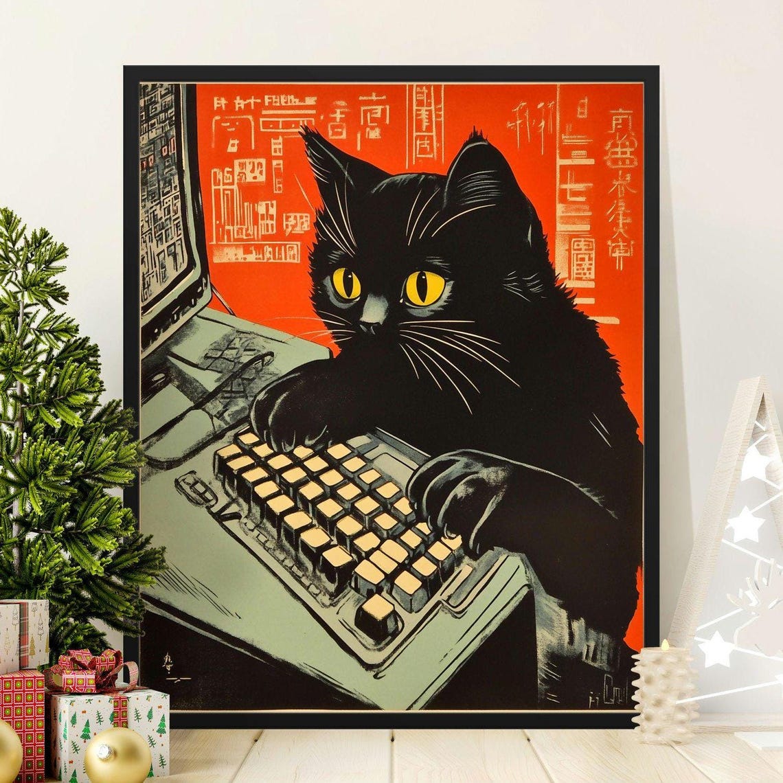 Black Cat Typing On Computer Keyboard Retro Japanese Office Poster