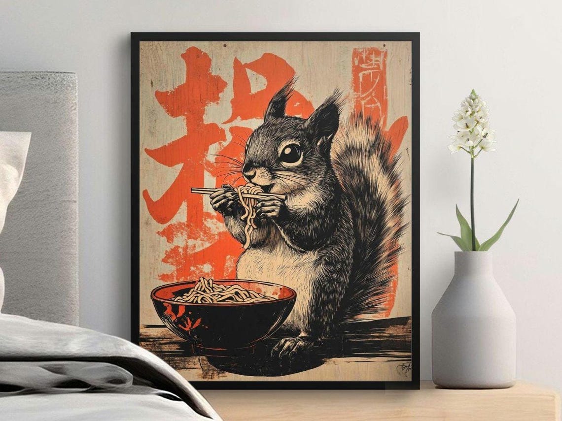 Squirrel Eating Ramen Chopsticks Retro Japanese Ink Drawing Art Poster