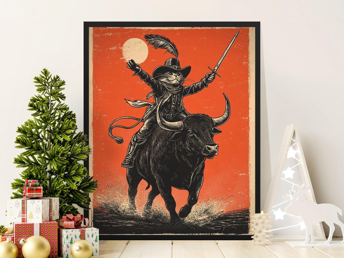Cat Musketeer Riding Bull Sword Vintage Western Funny Wall Art Poster
