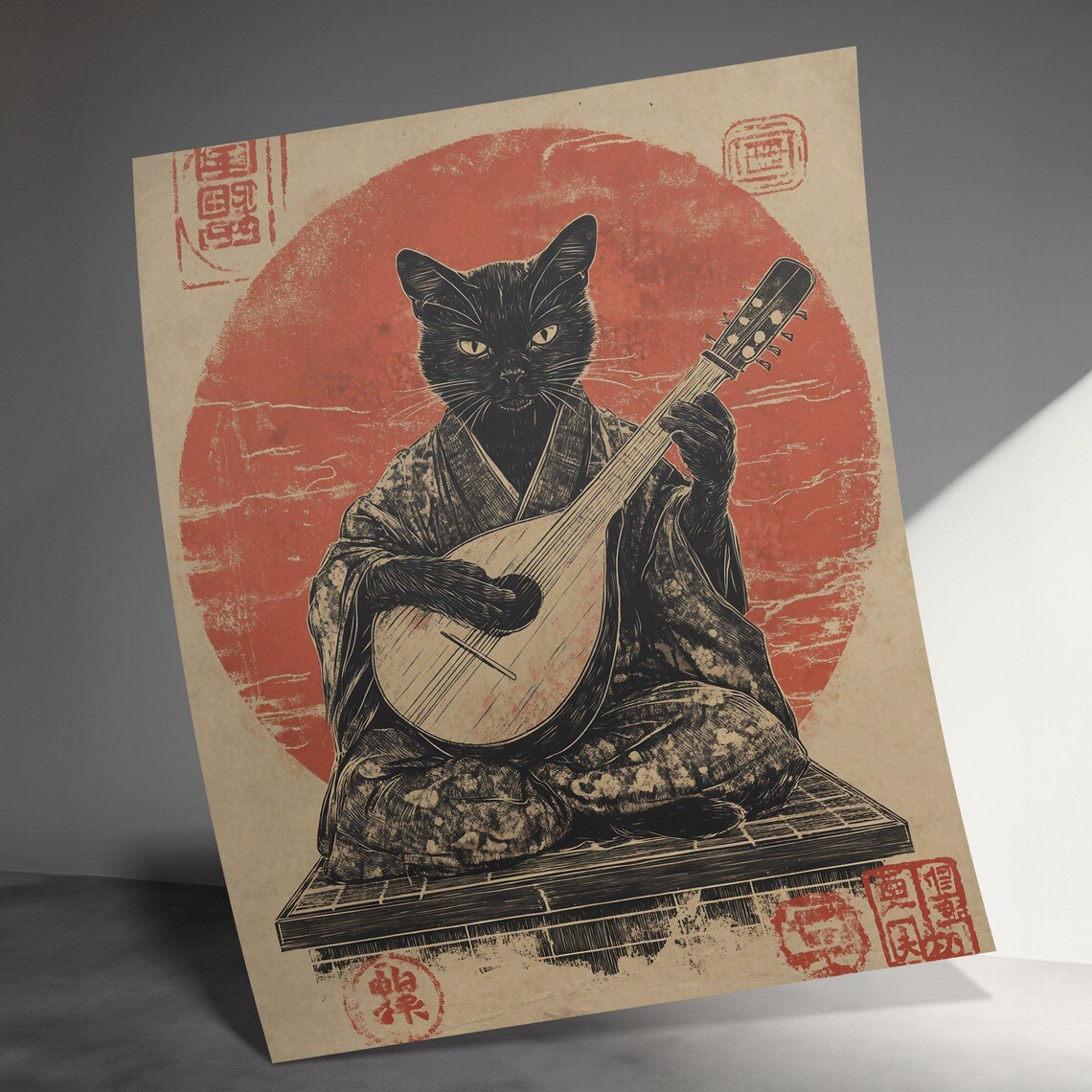 Black Cat Lute Player Japanese Kimono Rising Sun Vintage Music Art Poster - Image 3