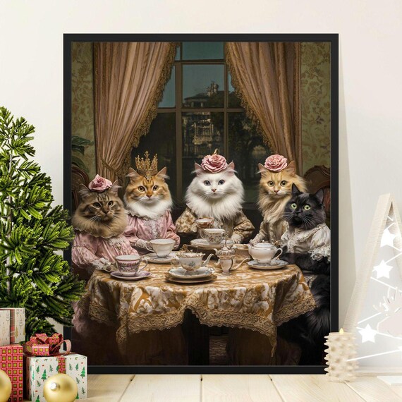 Victorian Cats Tea Party Five Elegant Dressed Feline Friends Poster