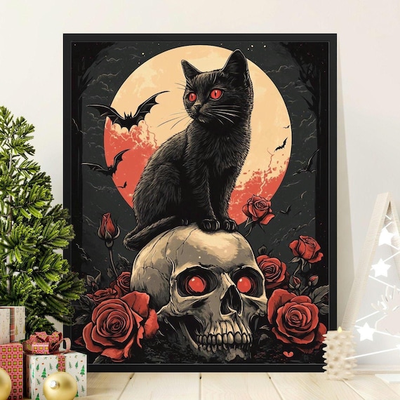 Black Cat Red Moon Skull Gothic Halloween Dark Witchy Cat Wall Art