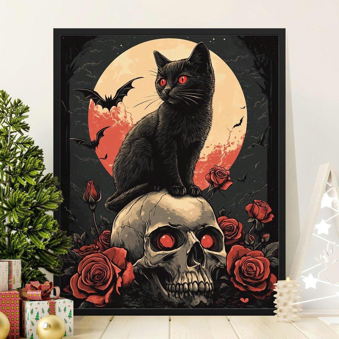 Black Cat Red Moon Skull Gothic Halloween Dark Witchy Cat Wall Art