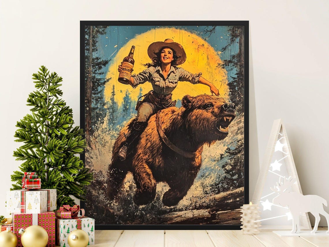 Midnight Cowgirl Riding Bear Under Full Moon Beer Toast Poster